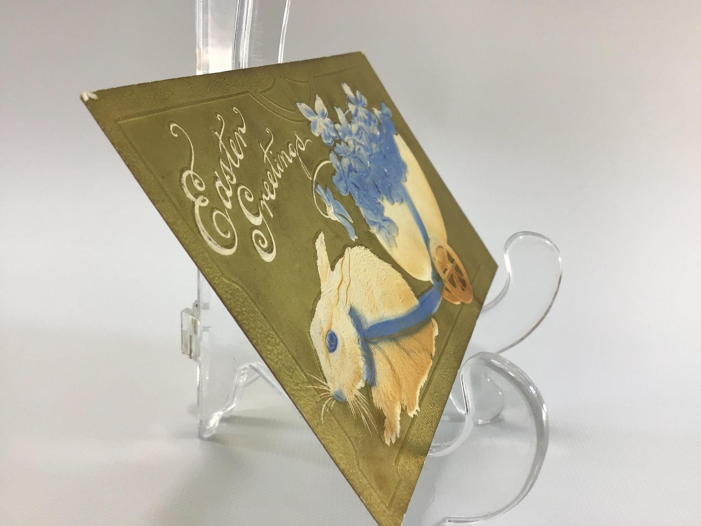 Antique Easter Greetings Novelty Postcard Gold Golt Airbrush Embossed Bunny and Cart