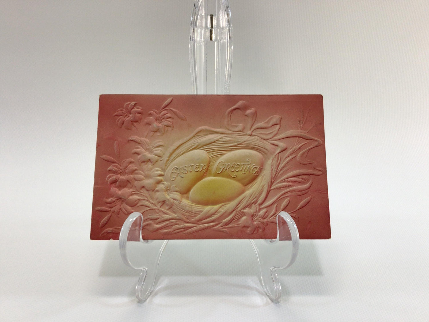 Antique Easter Greetings Novelty Postcard Pink and Yellow Eggs Airbrush Embossed