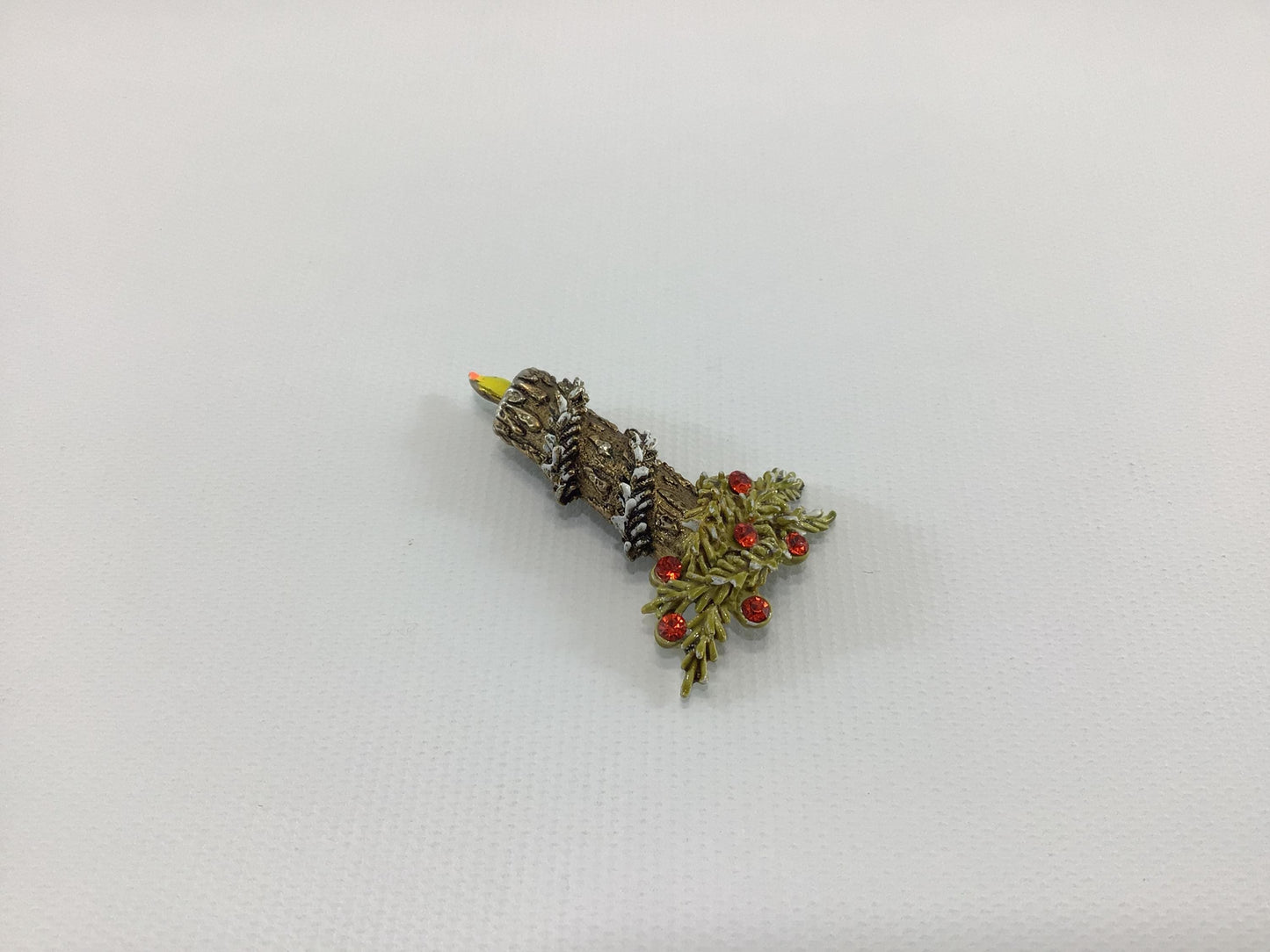 Christmas Holiday Candle Brooch Gold Tone Enamel with Orange Rhinestones Vintage 1970s Fashion Accessory