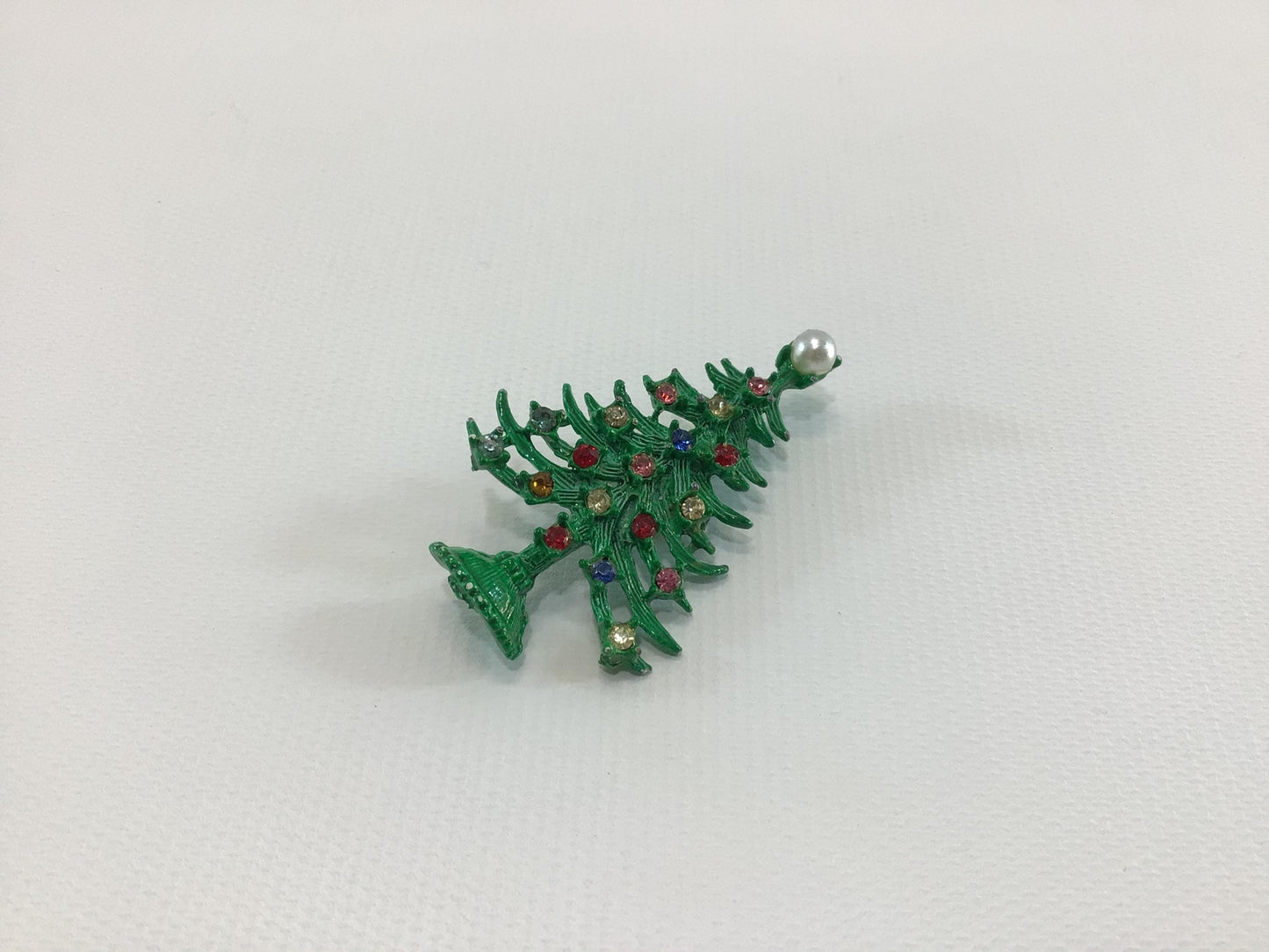 Christmas Tree Holiday Brooch Green Enamel with Rhinestones and Faux Pearl Topper Vintage 1970s Fashion Accessory
