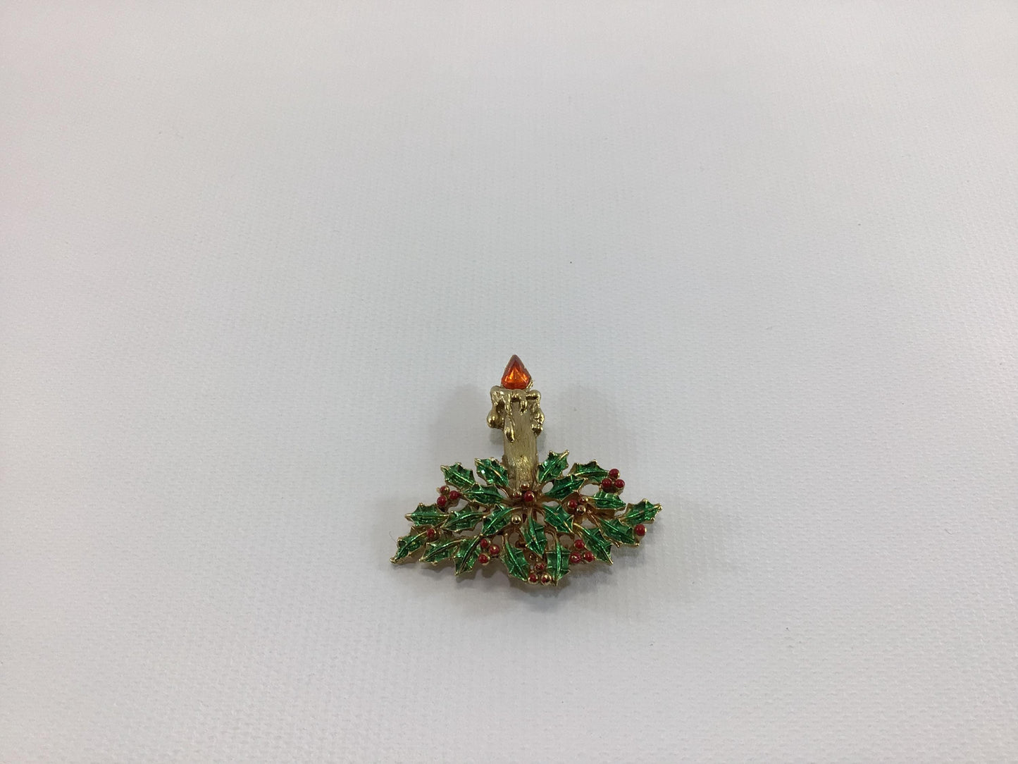 J J Christmas Holiday Candle Brooch Gold Tone Enamel with Orange Rhinestones Vintage 1970s Jonette Jewelry Fashion Accessory