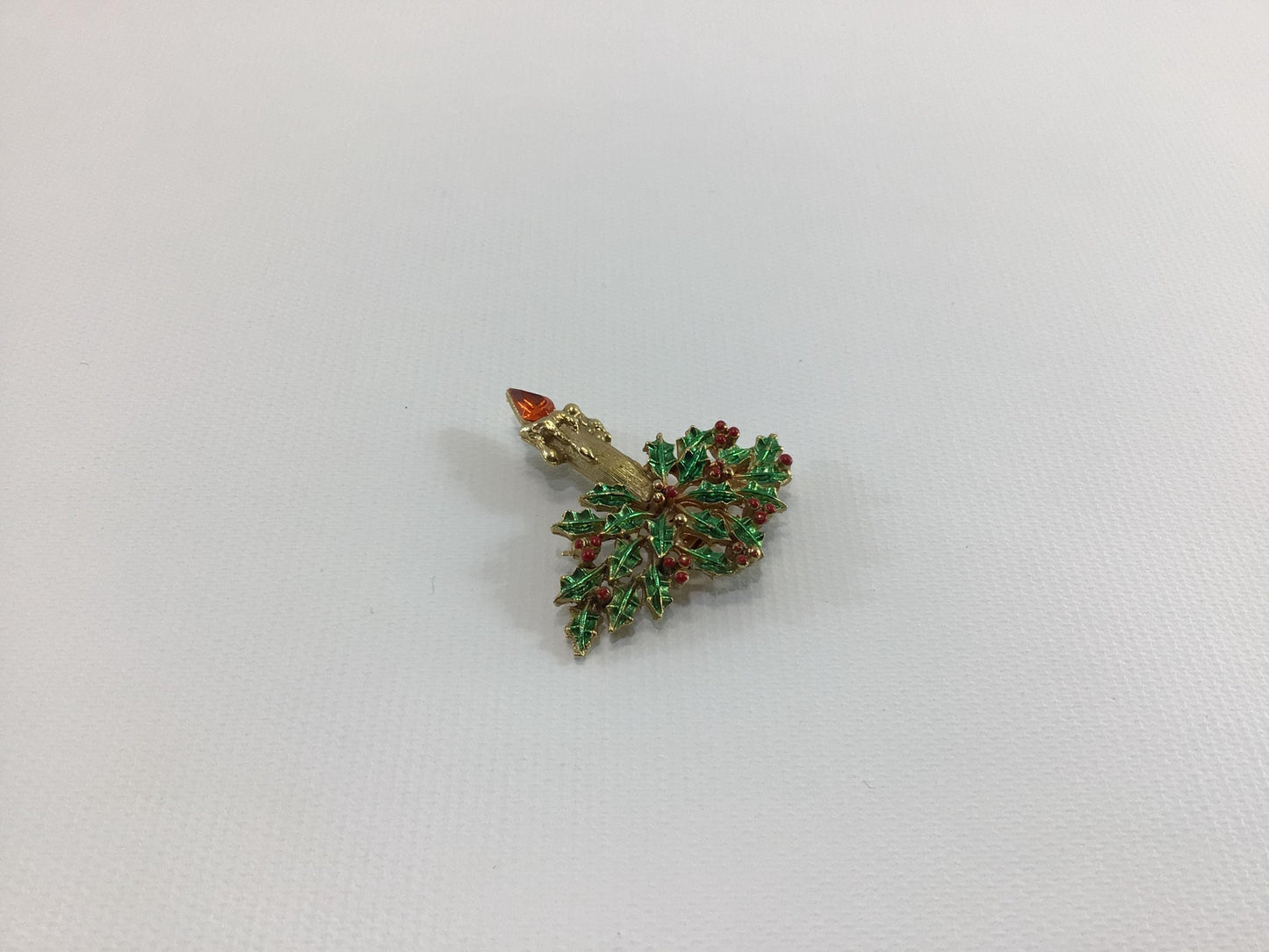 J J Christmas Holiday Candle Brooch Gold Tone Enamel with Orange Rhinestones Vintage 1970s Jonette Jewelry Fashion Accessory