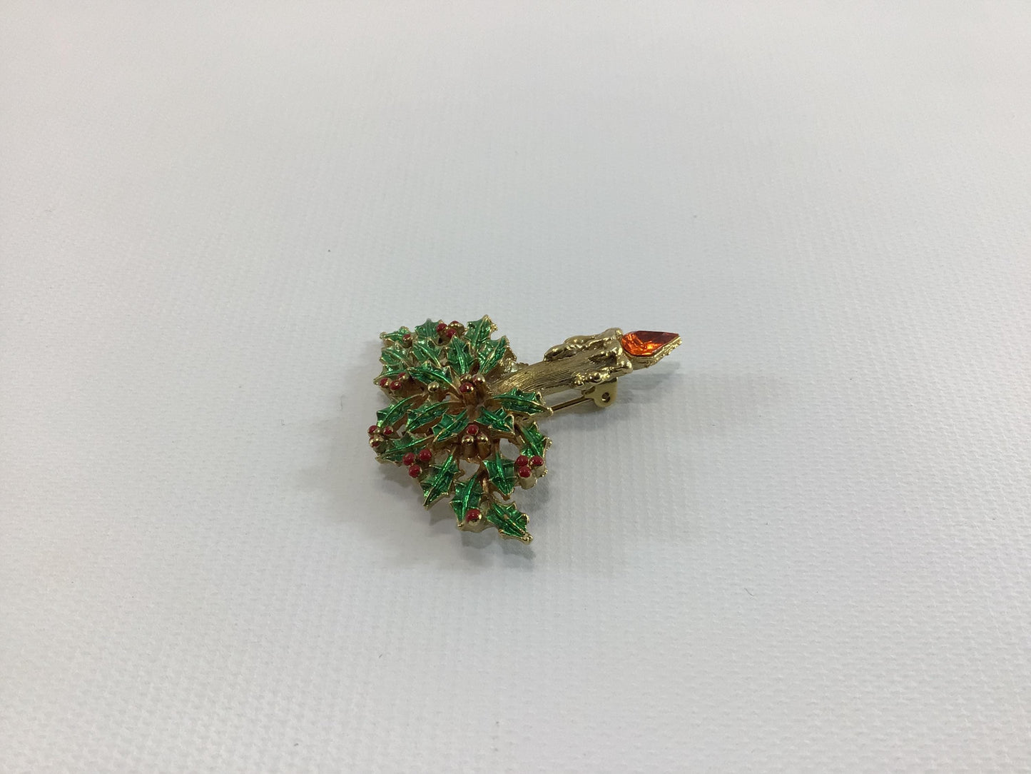 J J Christmas Holiday Candle Brooch Gold Tone Enamel with Orange Rhinestones Vintage 1970s Jonette Jewelry Fashion Accessory