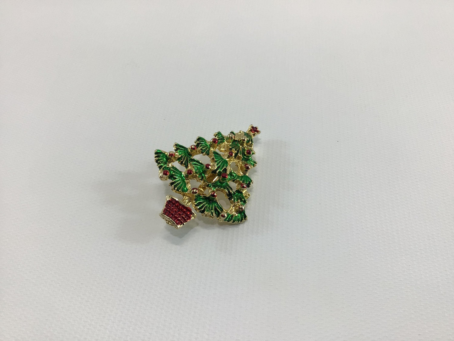 Christmas Tree Holiday Brooch Gold Tone Enamel and Rhinestone Vintage 1970s Fashion Accessory