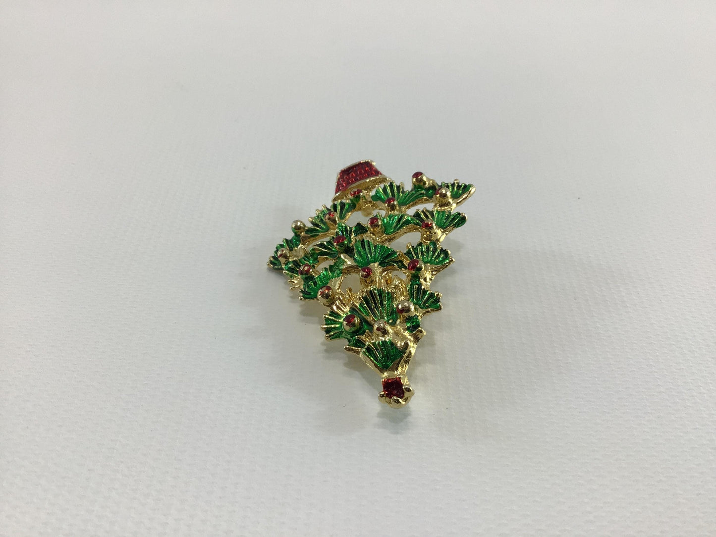 Christmas Tree Holiday Brooch Gold Tone Enamel and Rhinestone Vintage 1970s Fashion Accessory