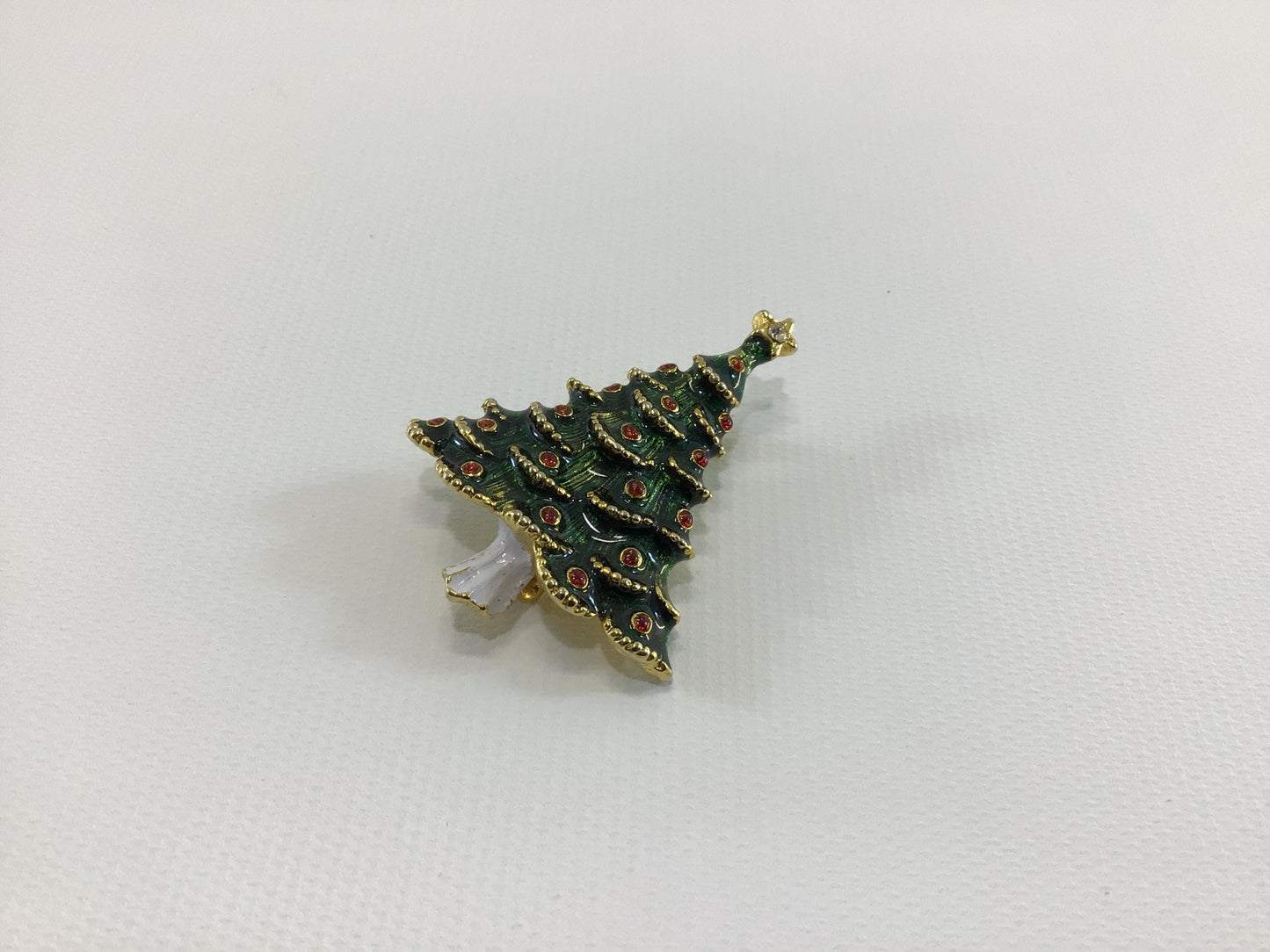Christmas Tree Holiday Brooch Gold Tone Enamel with Rhinestone Star Topper Vintage 1970s Fashion Accessory
