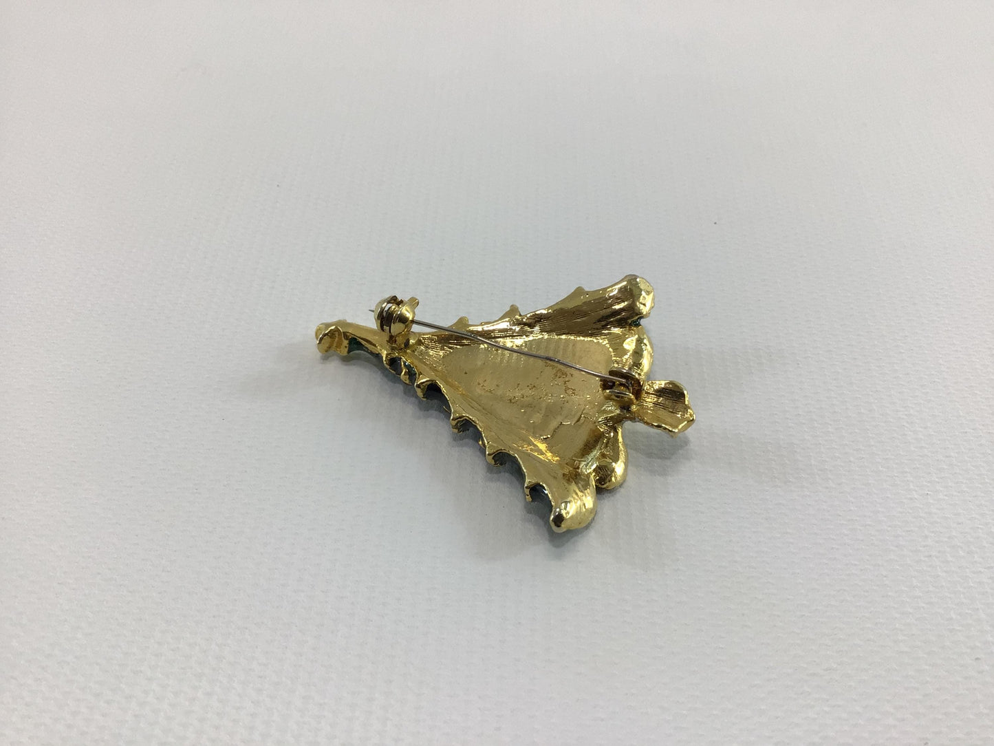Christmas Tree Holiday Brooch Gold Tone Enamel with Rhinestone Star Topper Vintage 1970s Fashion Accessory