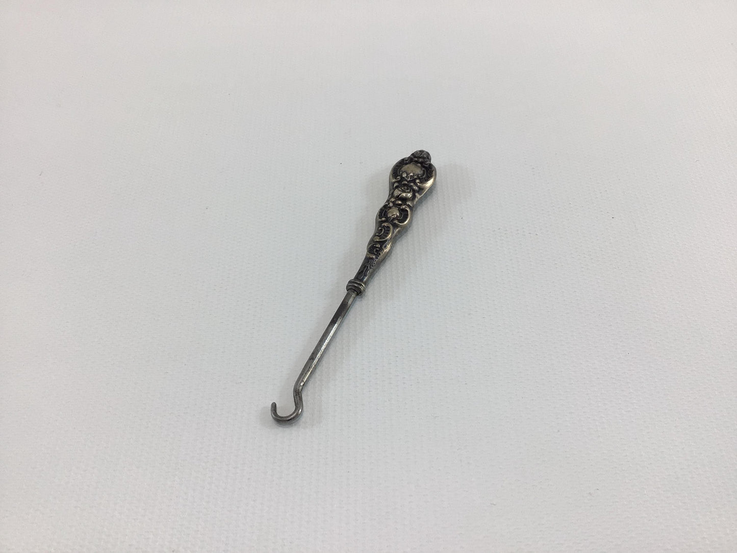 Antique 4" Button Hook with Sterling Silver Rose Motif Handle Collectible Victorian Hand Tool Gadget for Shoes Gloves Corsets