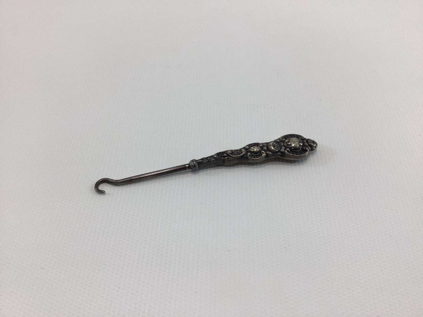Antique 4" Button Hook with Sterling Silver Rose Motif Handle Collectible Victorian Hand Tool Gadget for Shoes Gloves Corsets