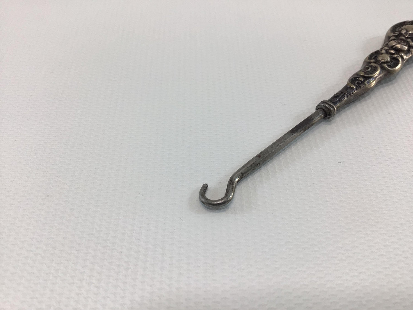 Antique 4" Button Hook with Sterling Silver Rose Motif Handle Collectible Victorian Hand Tool Gadget for Shoes Gloves Corsets