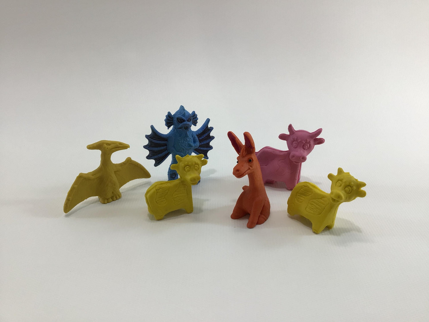 Diener Itty Bittys Soft Rubber Charm Eraser Lot of 6 Vintage Toy Figurines Cows Donkey Monster Tridactyl