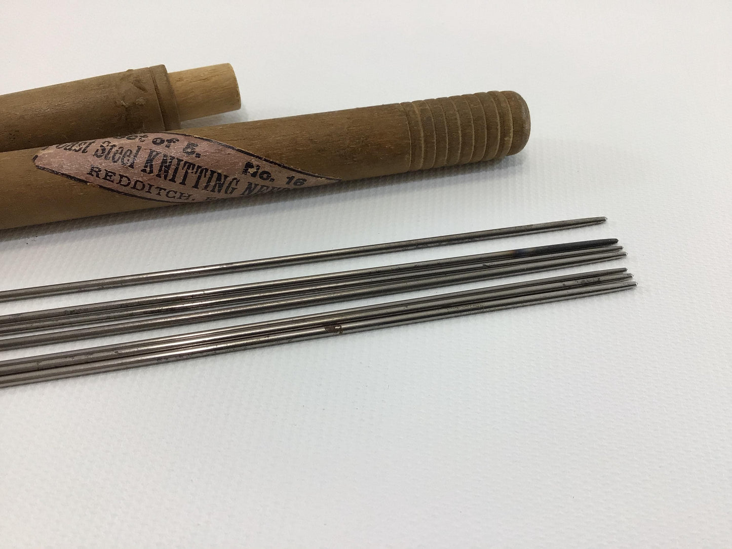 Antique Cast Steel Knitting Needles No 16 in Wood Tube Made in Redditch England