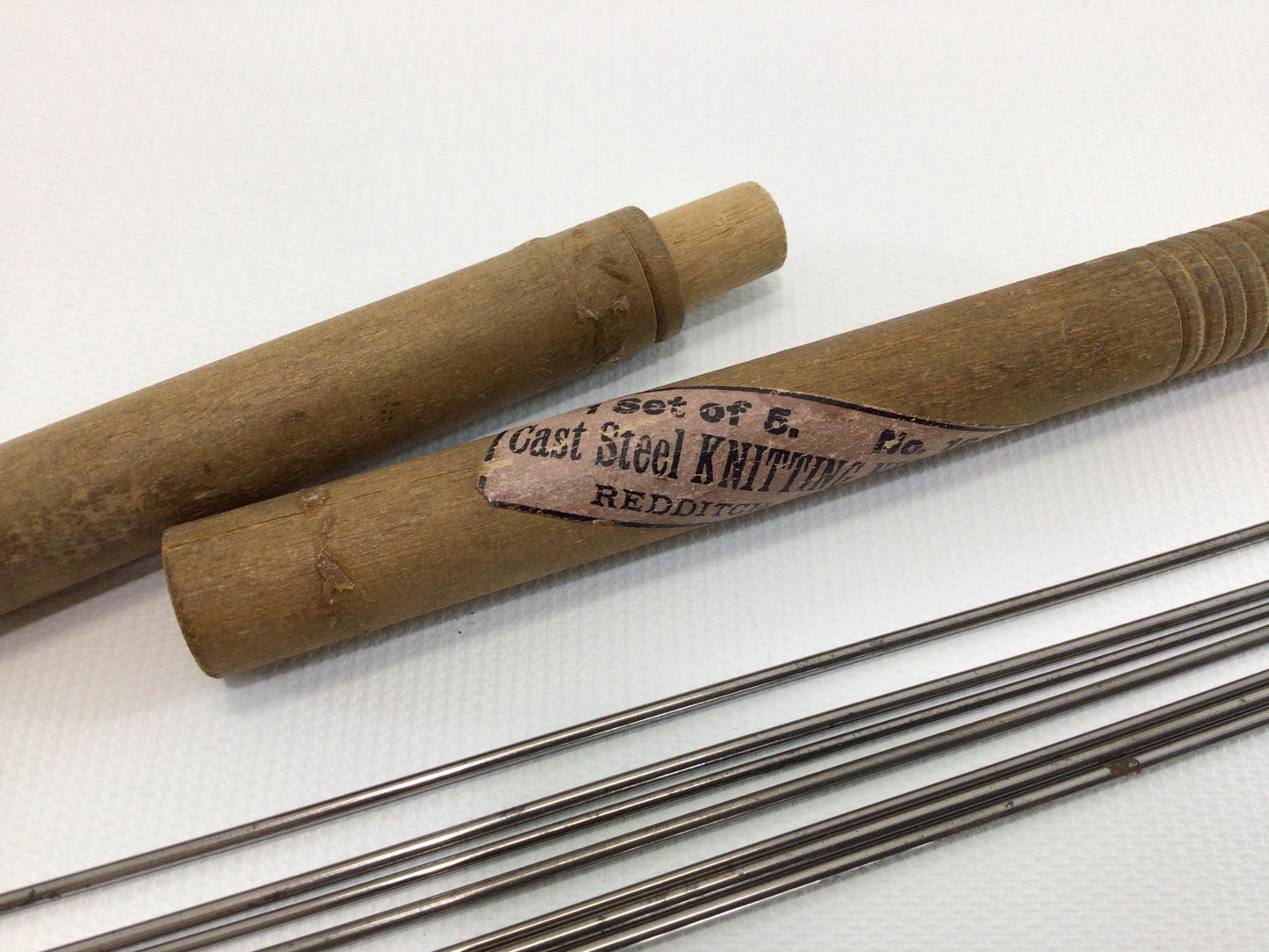 Antique Cast Steel Knitting Needles No 16 in Wood Tube Made in Redditch England