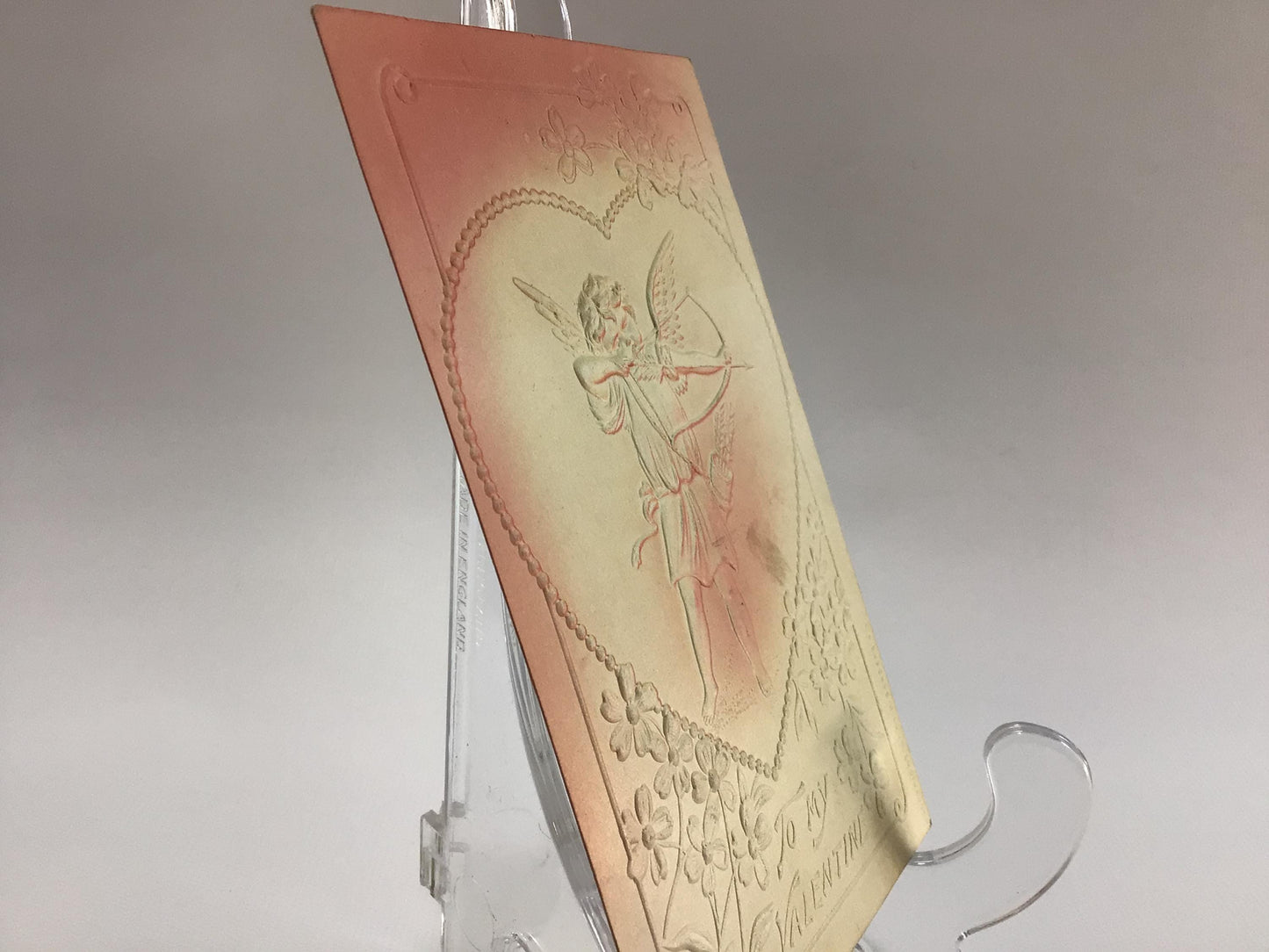 Valentines Day Postcard Embossed Pink Airbrush Cupid Antique Ephemera