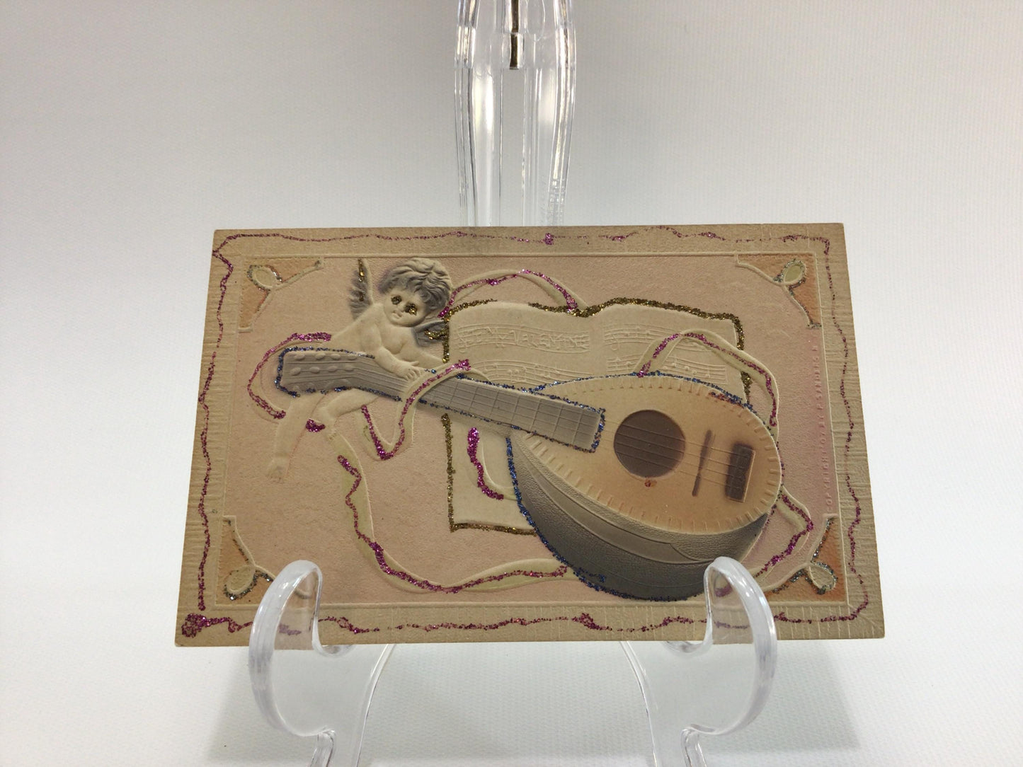 Valentines Day Postcard Glitter Embossed Cupid and Mandolin Antique Ephemera