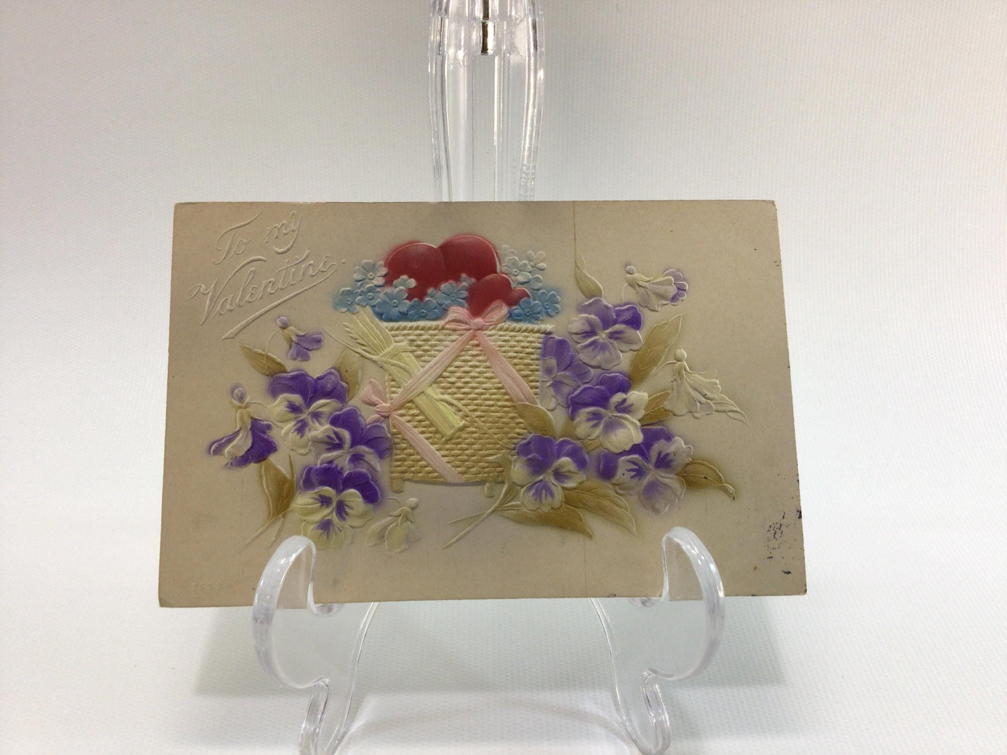 Valentines Day Postcard Airbrush Embossed Hearts and Violets Antique Ephemera