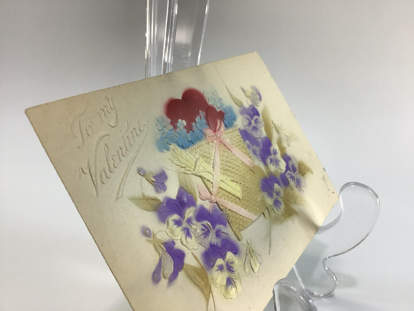 Valentines Day Postcard Airbrush Embossed Hearts and Violets Antique Ephemera