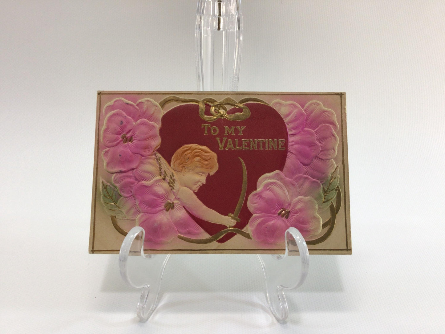 Valentines Day Postcard Airbrush Embossed Red Heart with Cupid and Flowers Antique Ephemera
