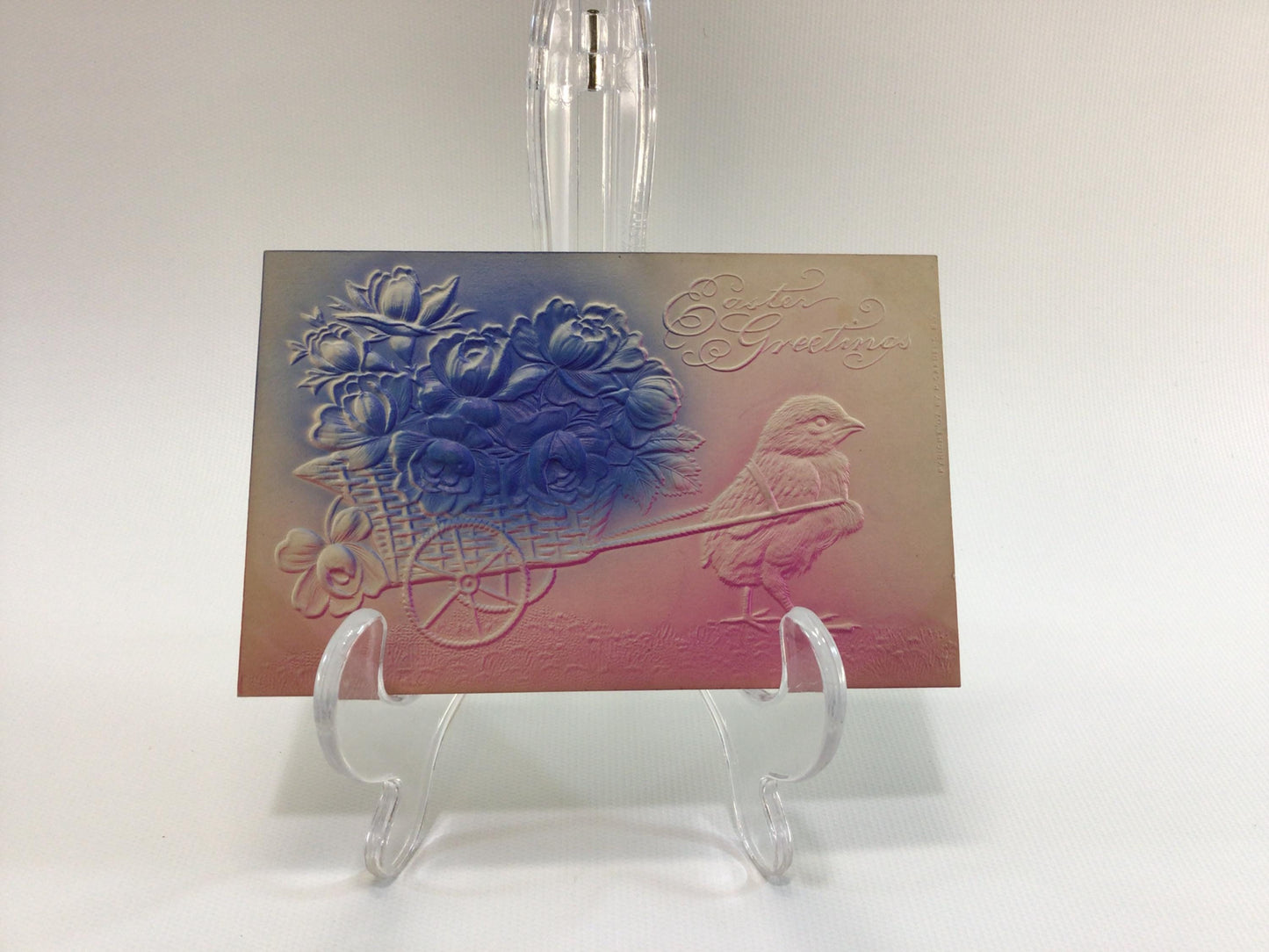 Antique Easter Greetings Novelty Postcard Pink and Blue Airbrush Embossed Chick with Cart