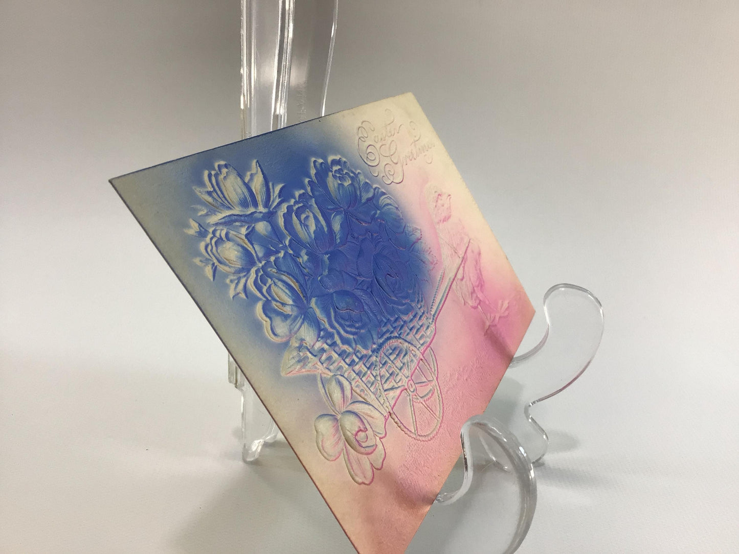 Antique Easter Greetings Novelty Postcard Pink and Blue Airbrush Embossed Chick with Cart