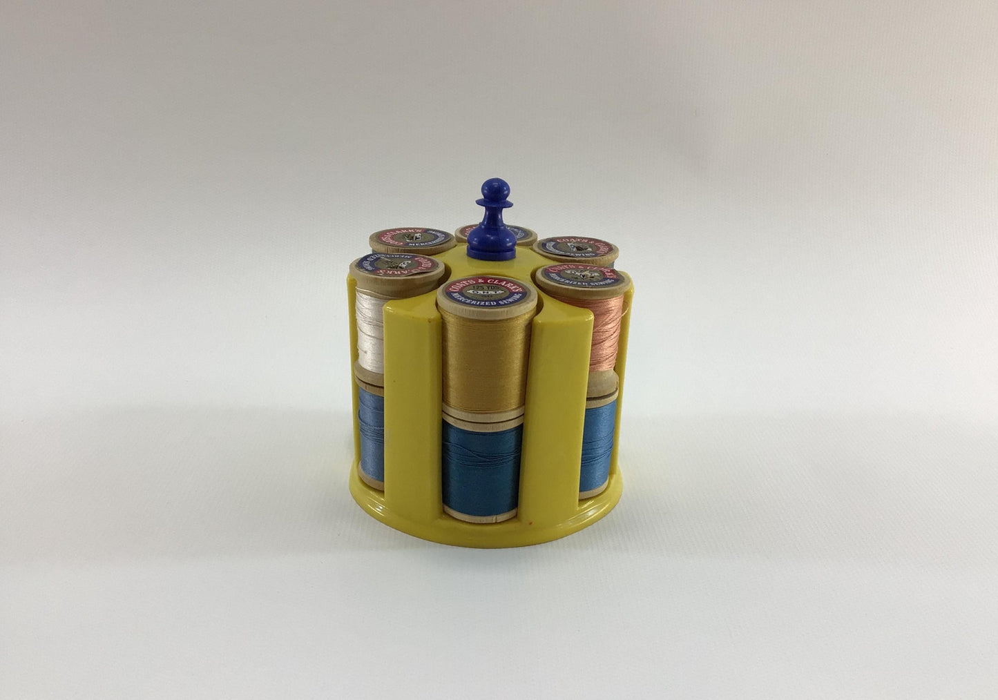 Thread Caddy Yellow Hard Plastic Vintage Sewing Notion Organizer with Coats & Clark Wood Spools