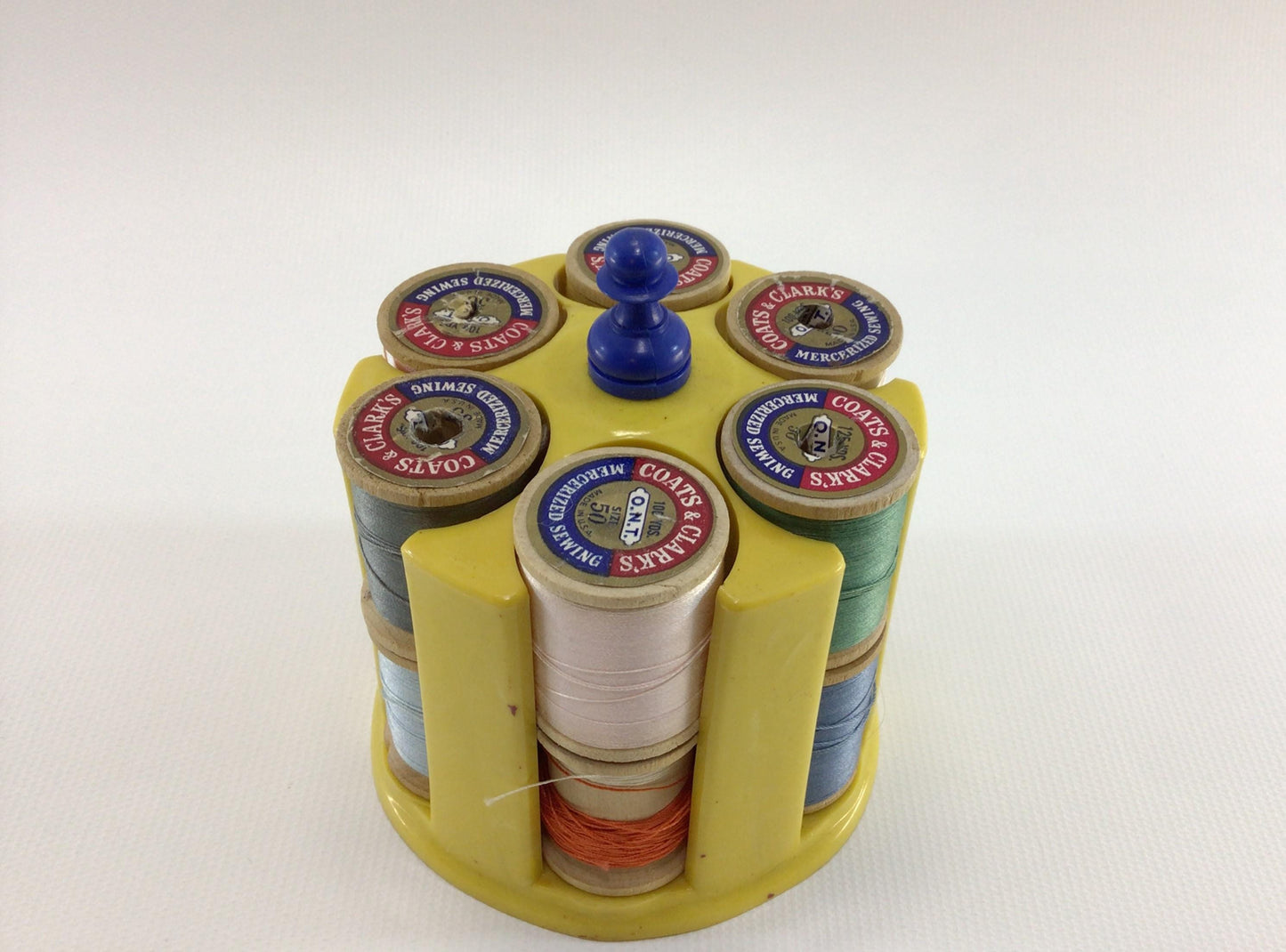 Thread Caddy Yellow Hard Plastic Vintage Sewing Notion Organizer with Coats & Clark Wood Spools