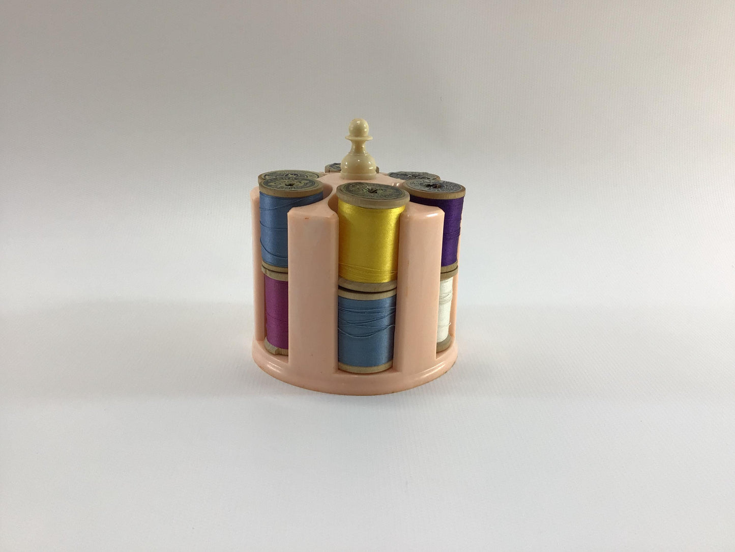 Thread Caddy Pink Hard Plastic Vintage Sewing Notion Organizer with Coats & Clark Wood Spools