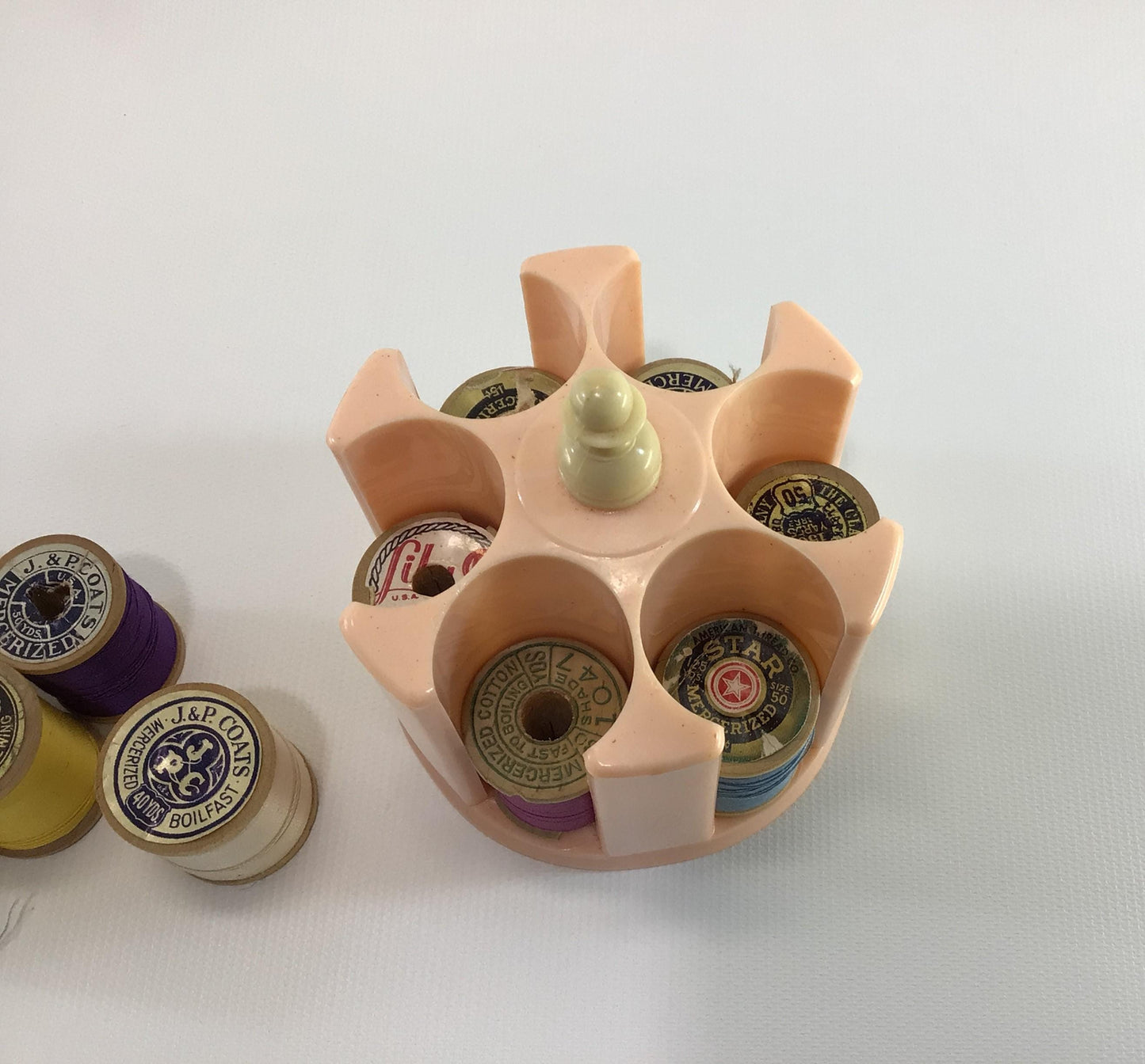 Thread Caddy Pink Hard Plastic Vintage Sewing Notion Organizer with Coats & Clark Wood Spools