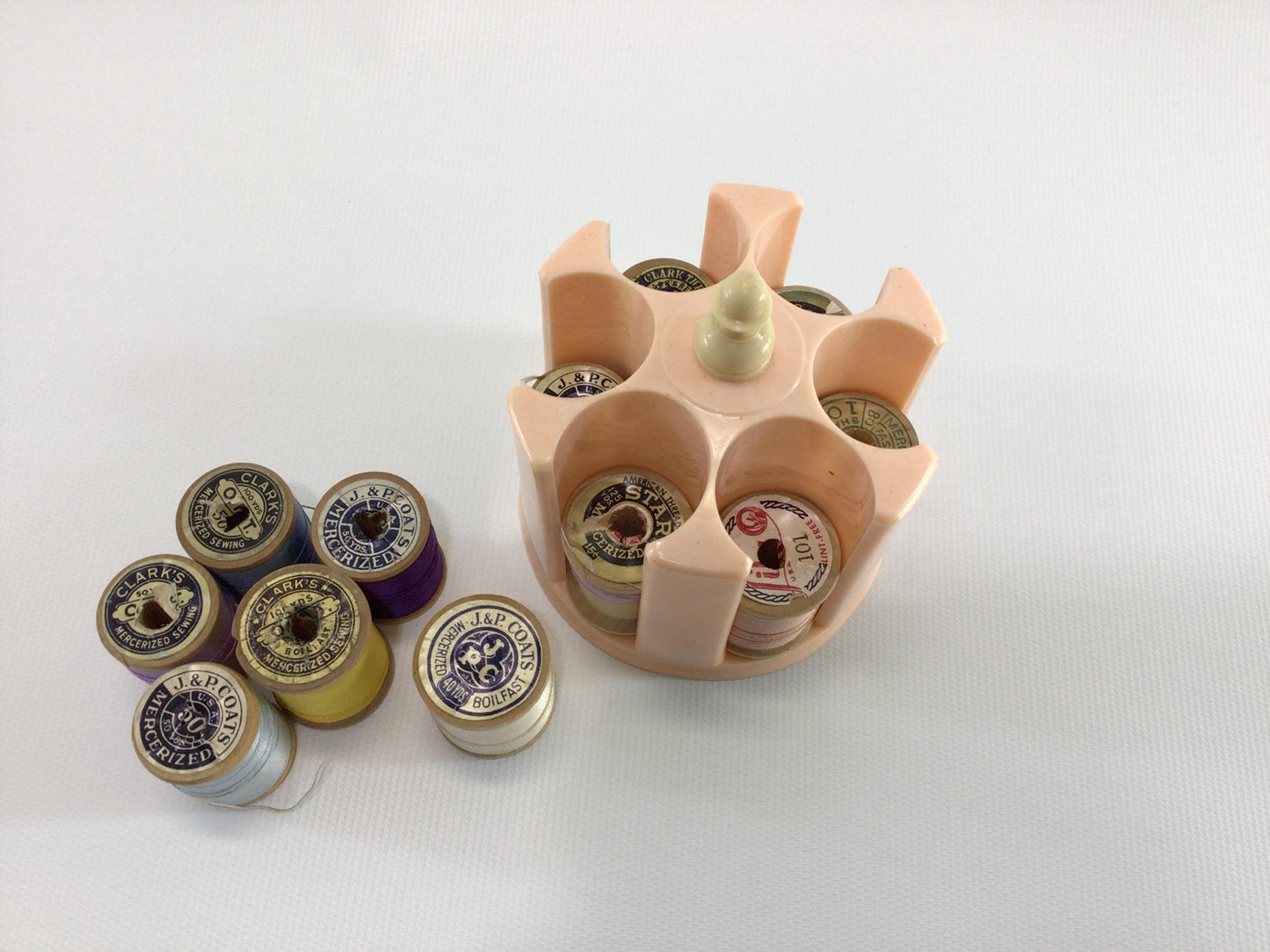 Thread Caddy Pink Hard Plastic Vintage Sewing Notion Organizer with Coats & Clark Wood Spools