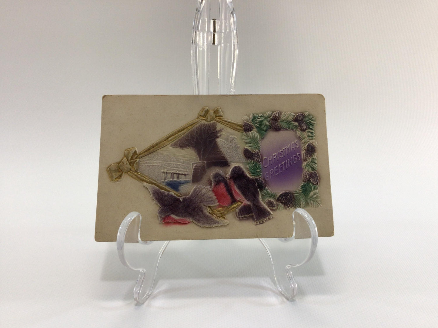 Applique Novelty Christmas Postcard Antique Ephemera Airbrush Embossed with Applied Flocked Purple Birds