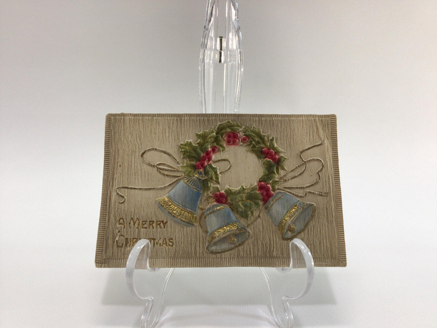 Novelty Christmas Postcard Antique Ephemera Airbrush Embossed Holly Wreath with Blue Bells