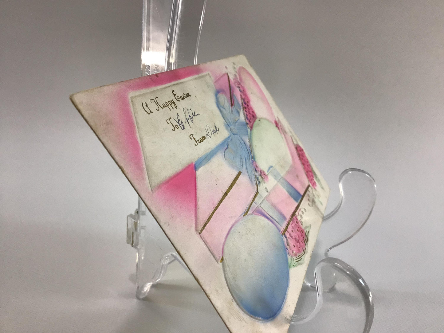Antique Easter Greetings Novelty Postcard Blue Airbrush Embossed Bunny and Cart