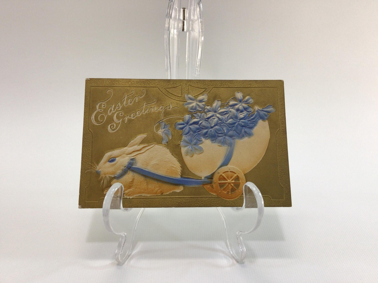 Antique Easter Greetings Novelty Postcard Gold Golt Airbrush Embossed Bunny and Cart