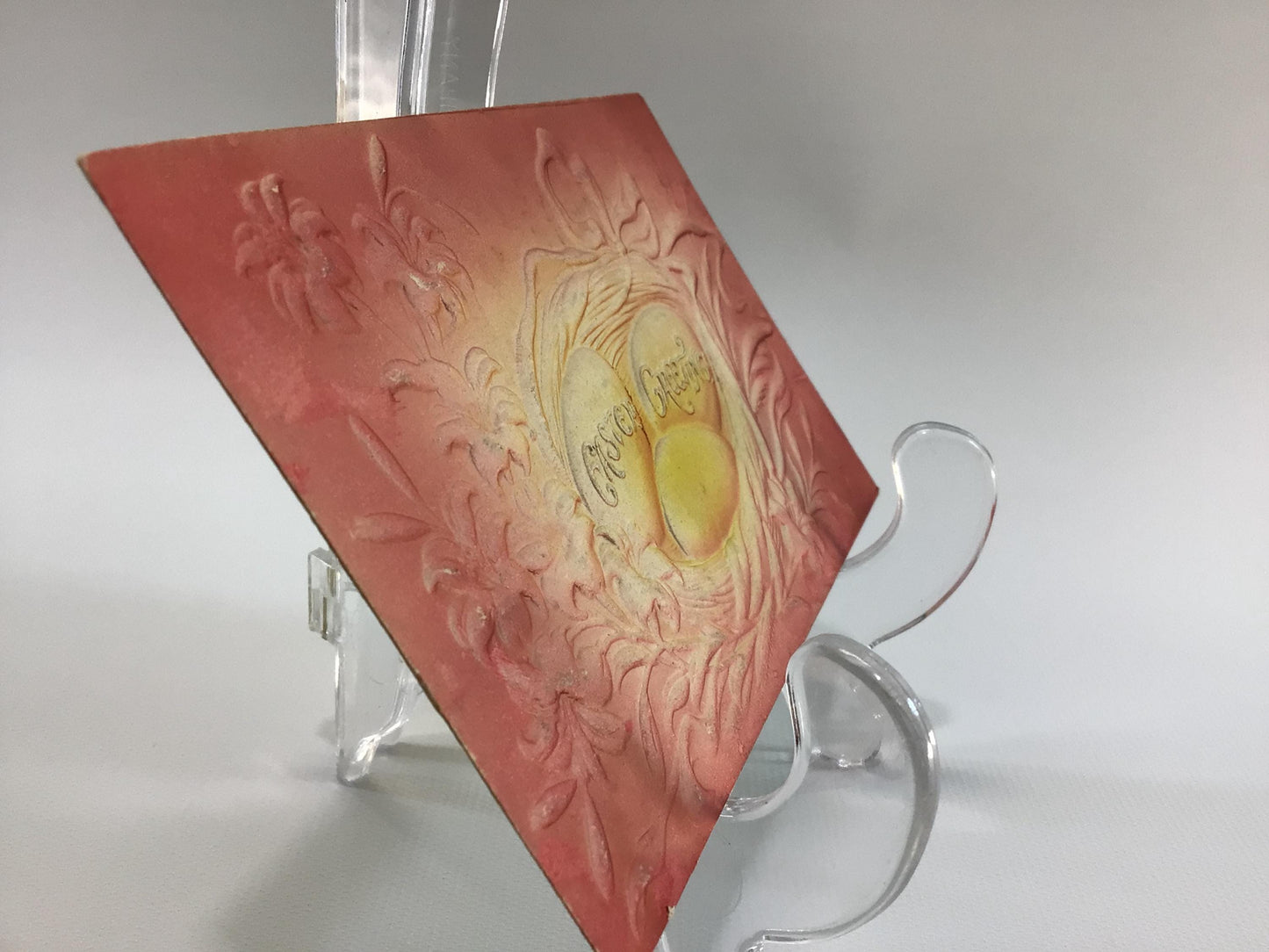 Antique Easter Greetings Novelty Postcard Pink and Yellow Eggs Airbrush Embossed