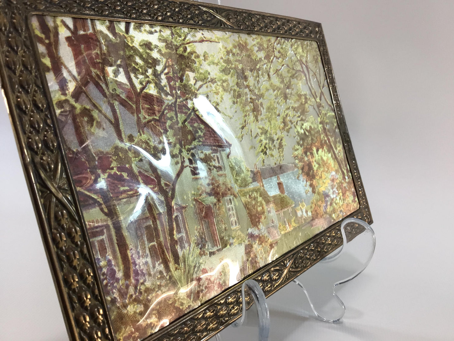 Tin Framed Gold Foil Oversize Postcard New England Fall Scene Vintage Ephemera