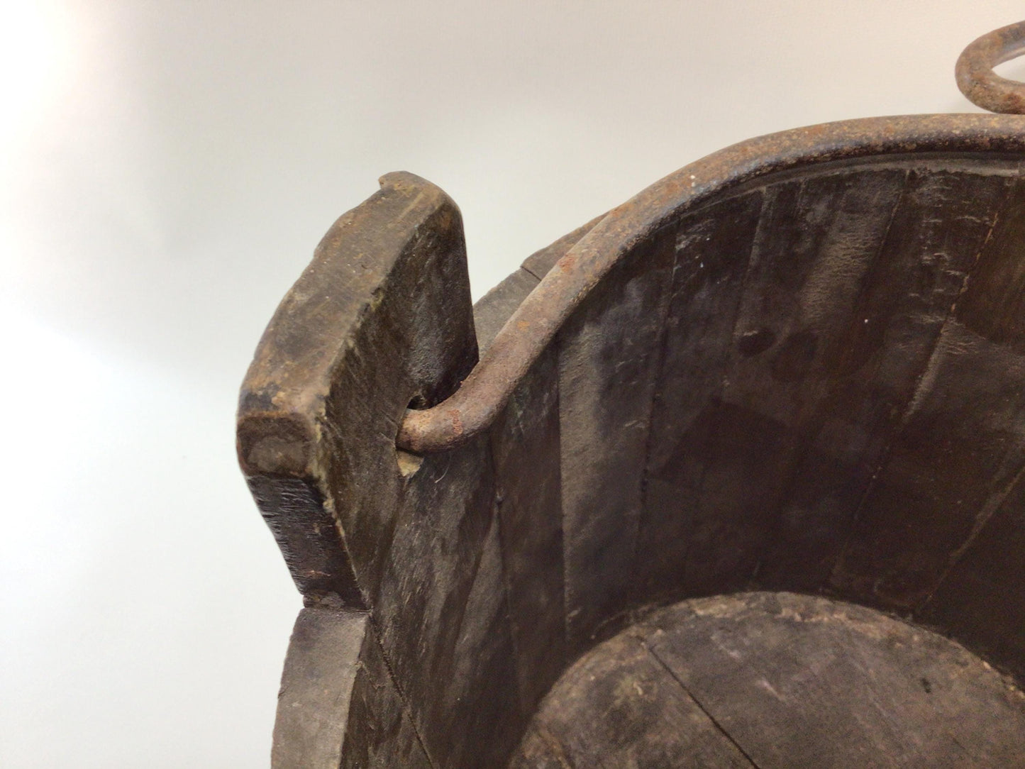 Antique Water Well Bucket with Bail Primitive Rustic Early American Handmade Wrought Iron and Hardwood Container