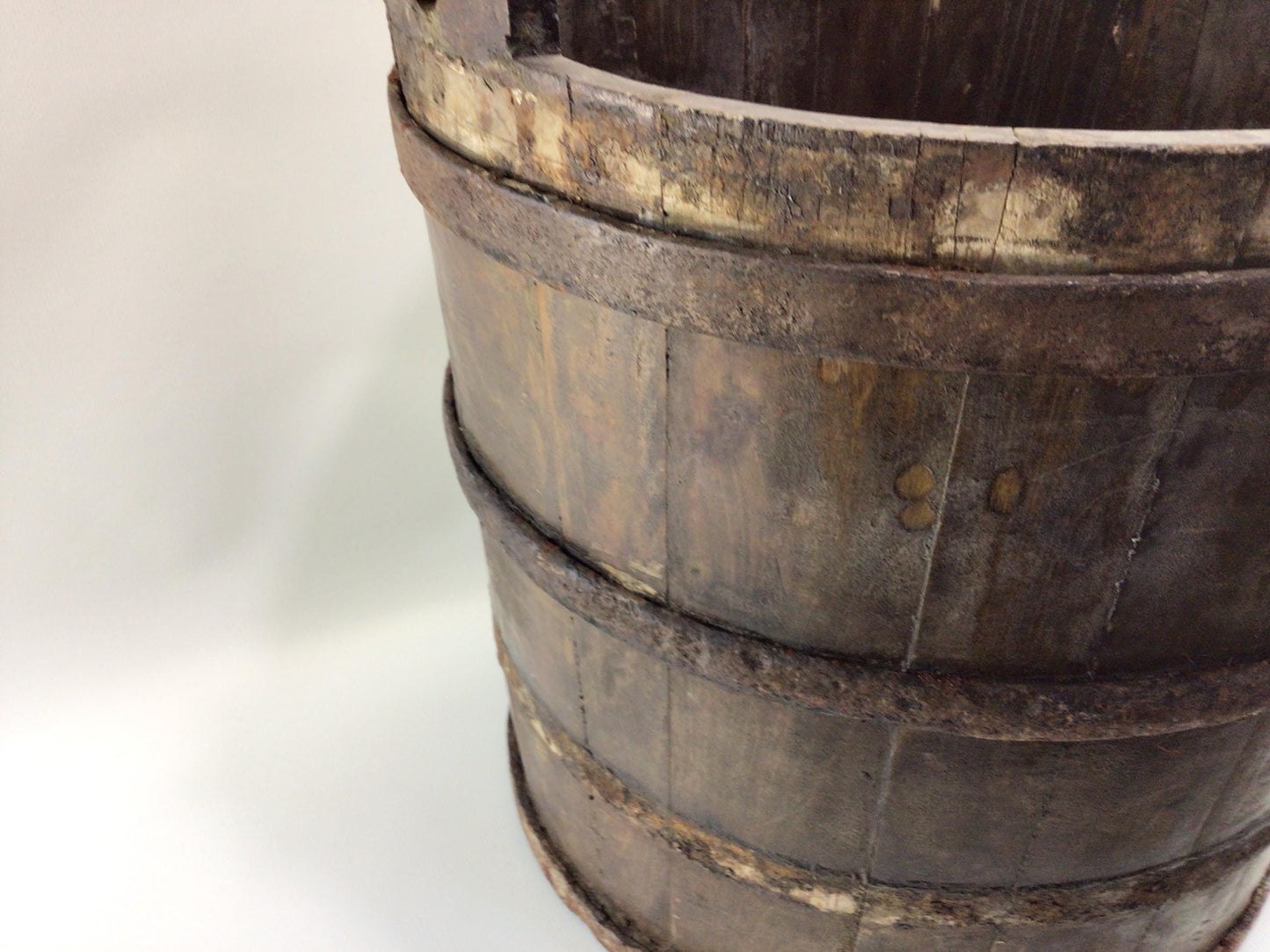Antique Water Well Bucket with Bail Primitive Rustic Early American Handmade Wrought Iron and Hardwood Container