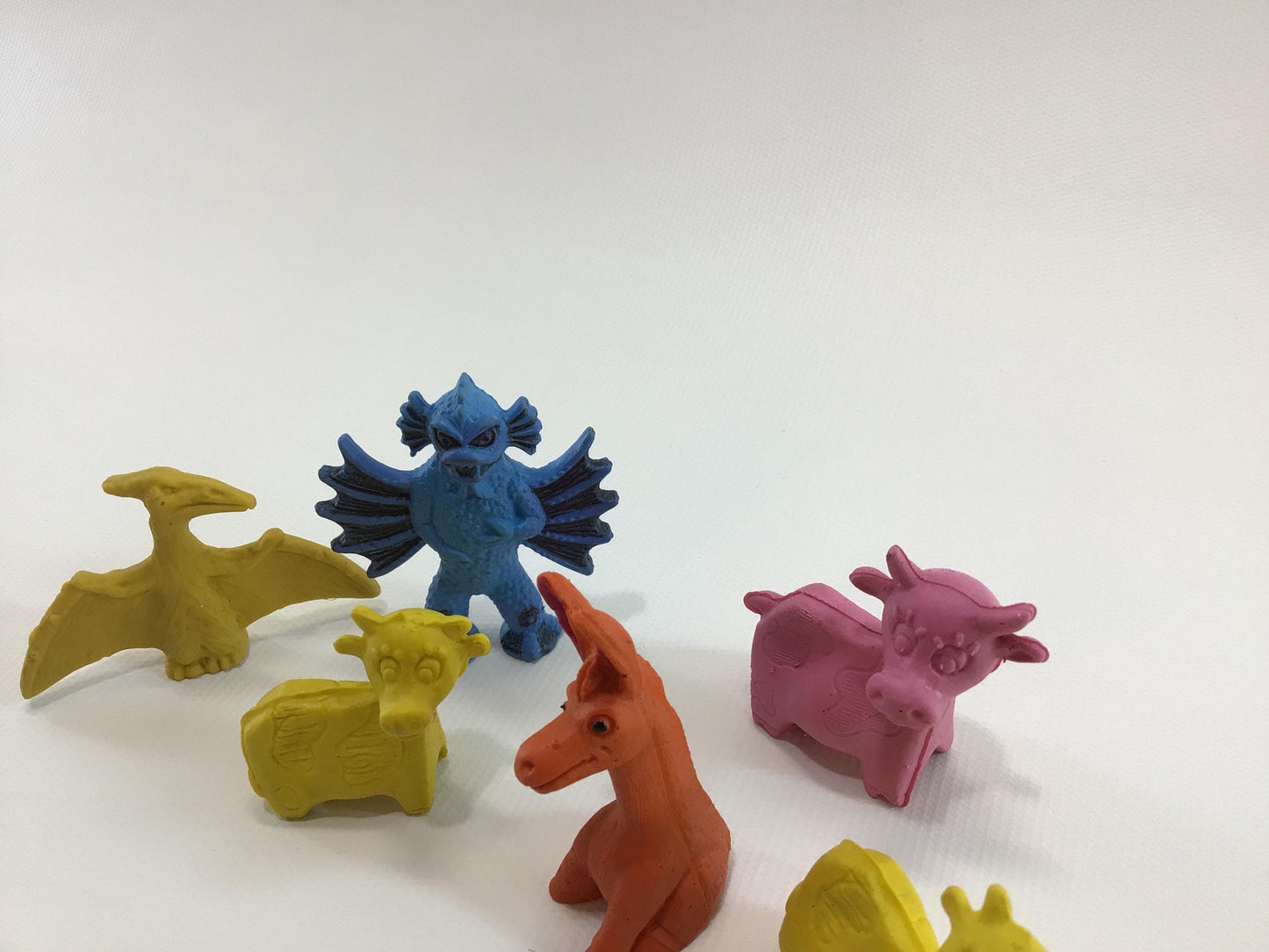 Diener Itty Bittys Soft Rubber Charm Eraser Lot of 6 Vintage Toy Figurines Cows Donkey Monster Tridactyl