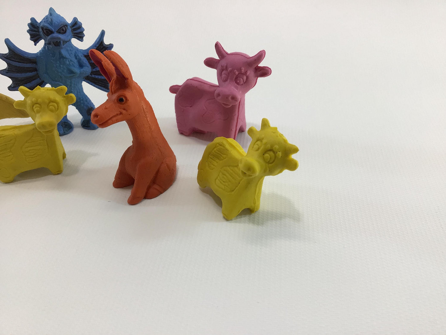 Diener Itty Bittys Soft Rubber Charm Eraser Lot of 6 Vintage Toy Figurines Cows Donkey Monster Tridactyl