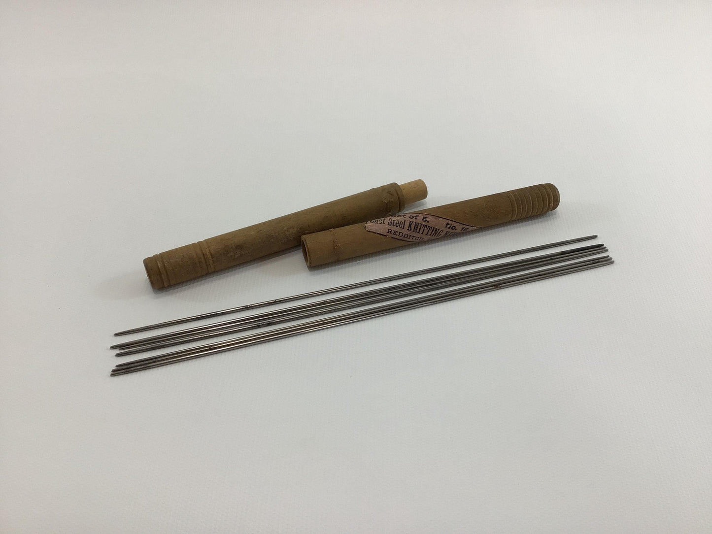 Antique Cast Steel Knitting Needles No 16 in Wood Tube Made in Redditch England