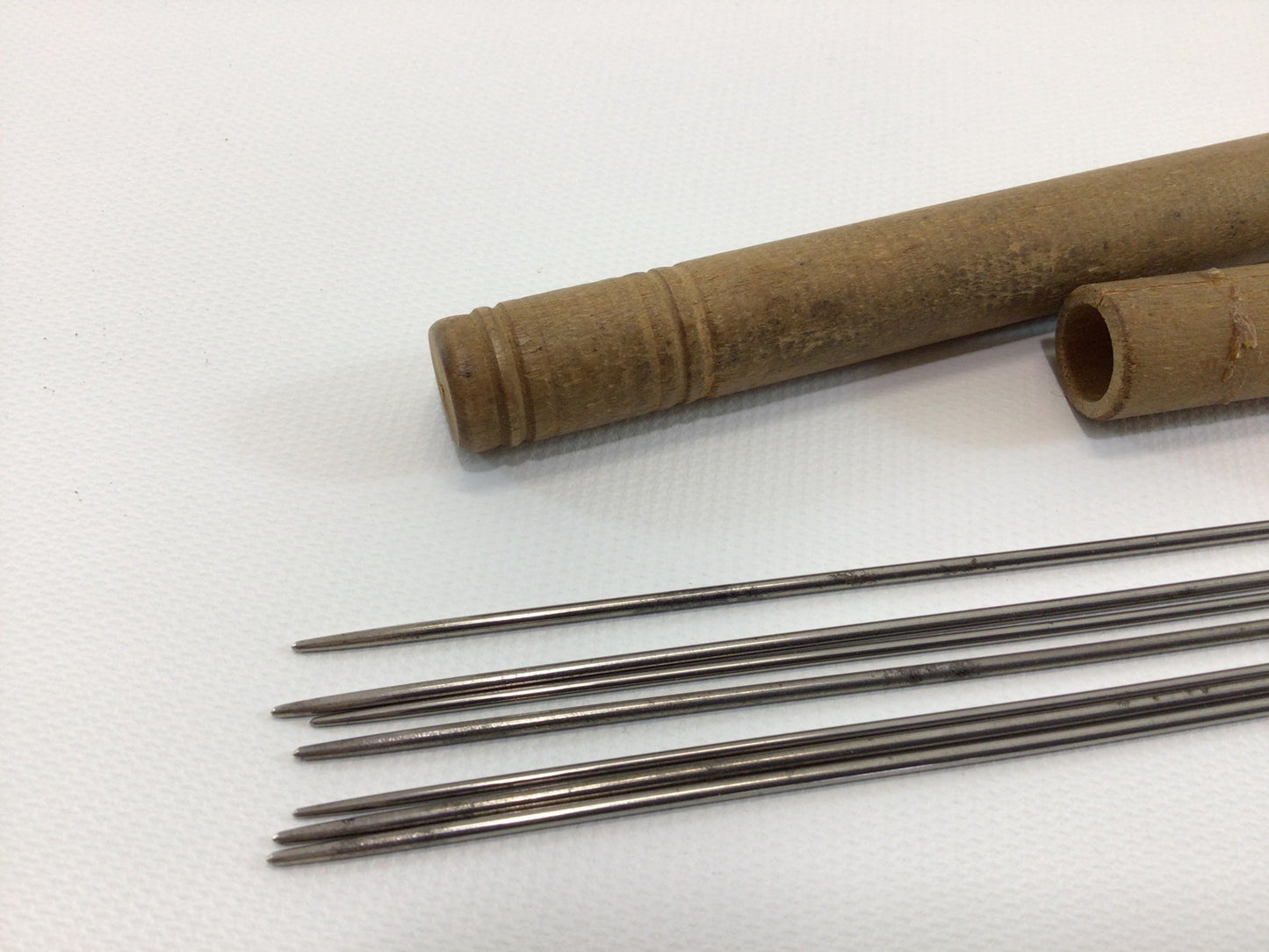 Antique Cast Steel Knitting Needles No 16 in Wood Tube Made in Redditch England