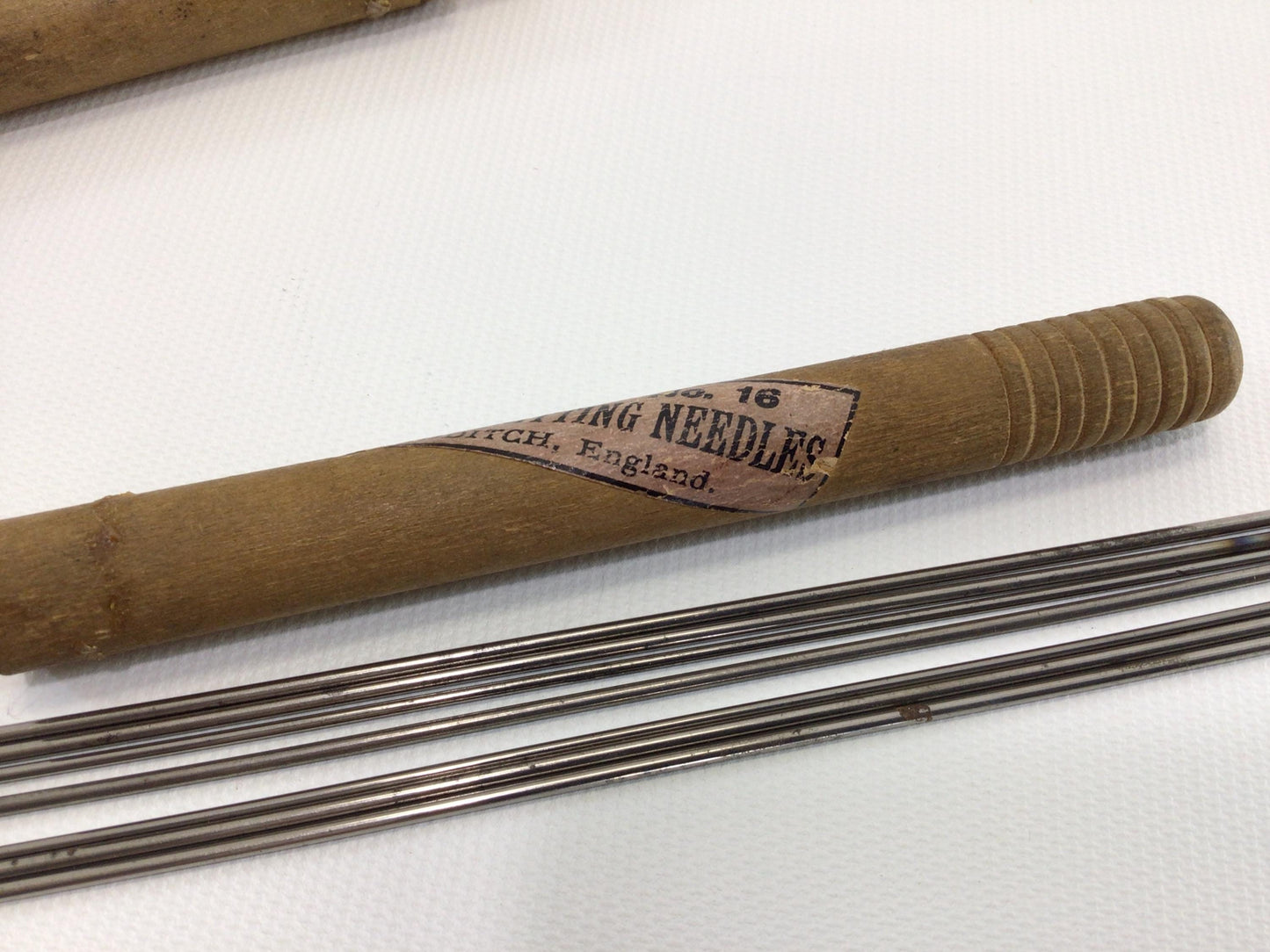 Antique Cast Steel Knitting Needles No 16 in Wood Tube Made in Redditch England