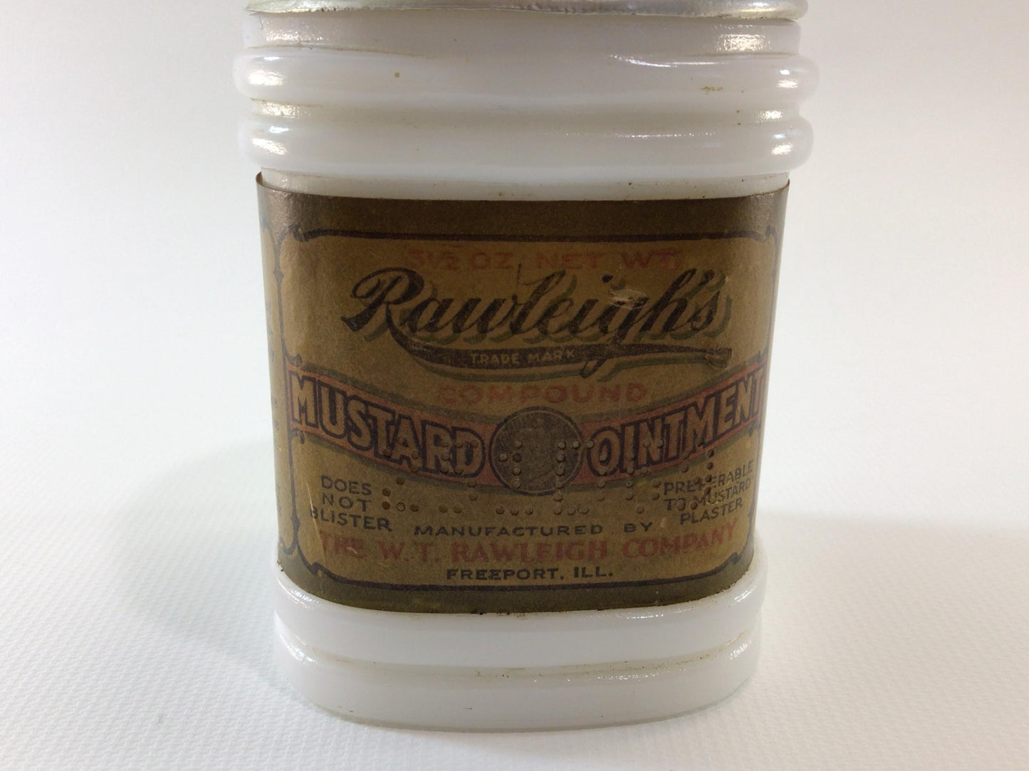 Antique Milk Glass Jar with Lid Rawleigh's Mustard Ointment Advertising Remedy Ephemera