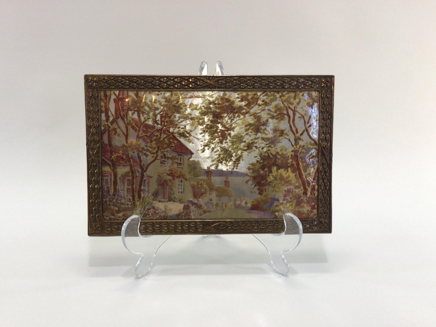 Tin Framed Gold Foil Oversize Postcard New England Fall Scene Vintage Ephemera