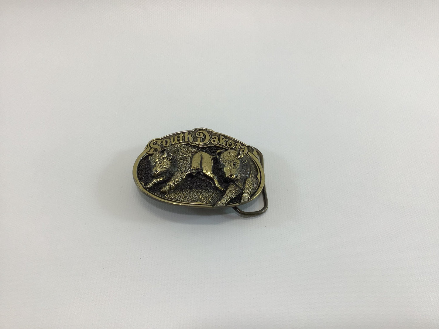 South Dakota Buffalo Brass Belt Buckle 1983 Great American Buckle Company H1259 Made in USA Quality Vintage Fashion Accessory
