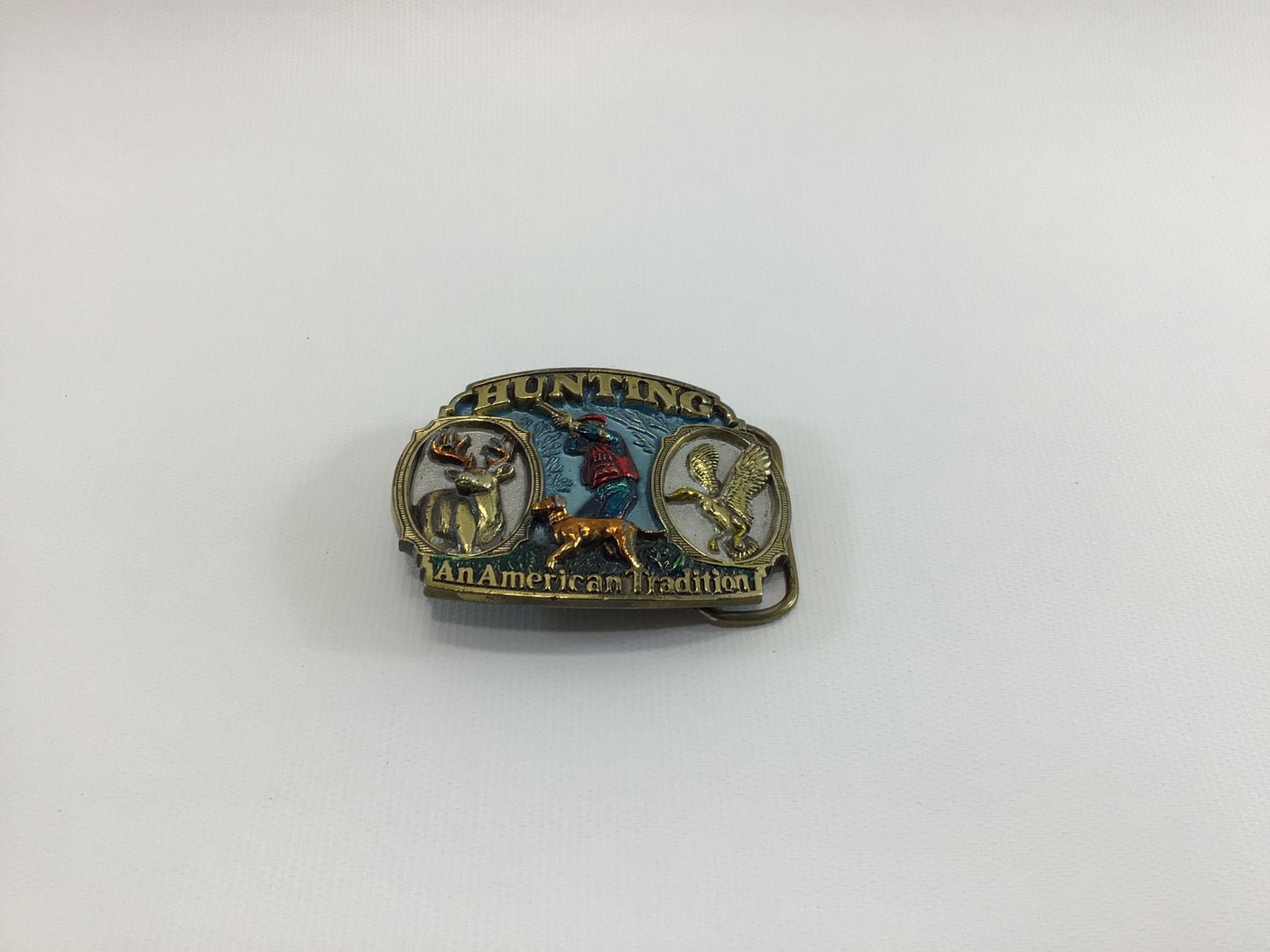 Brass Enamel Belt Buckle Hunting An American Tradition 1986 Great American Buckle Company 1817 Made in USA Quality Vintage Fashion Accessory