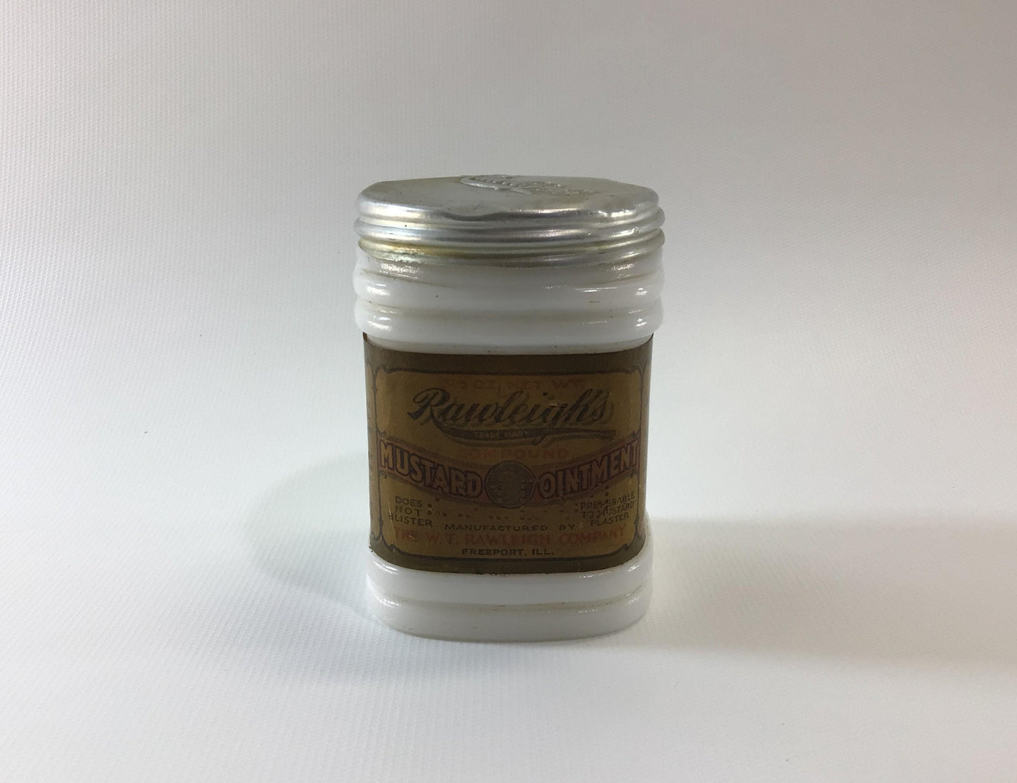 Antique Milk Glass Jar with Lid Rawleigh's Mustard Ointment Advertising Remedy Ephemera