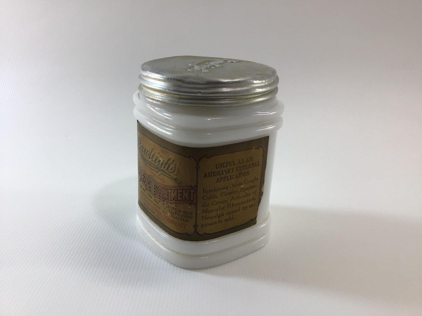 Antique Milk Glass Jar with Lid Rawleigh's Mustard Ointment Advertising Remedy Ephemera
