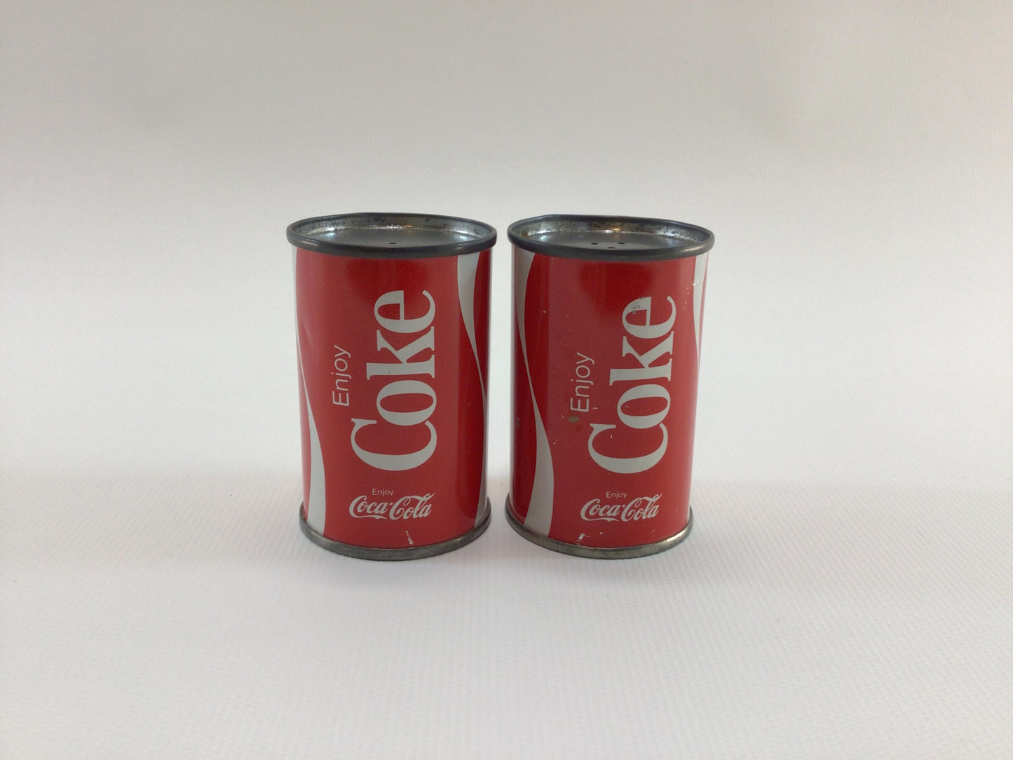 Coca-Cola Tin Can Salt & Pepper Shaker Set Mid Century Advertising Kitschy Kitchen Home Decor