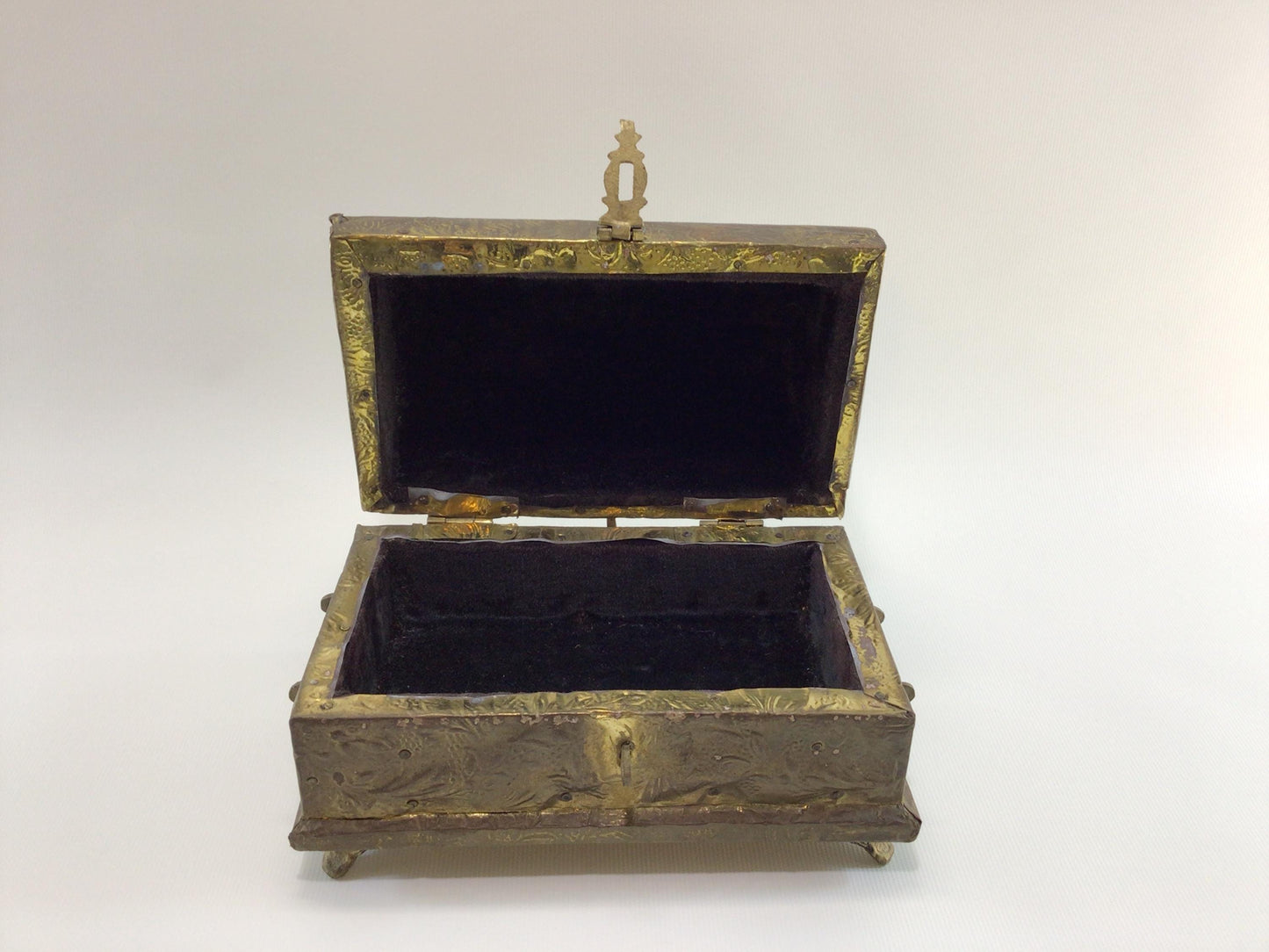Brass Humpback Treasure Chest Jewelry Trinket Vintage Storage Container Black Felt Lined Interior Hammered Brass Foil Applied Wooden Box